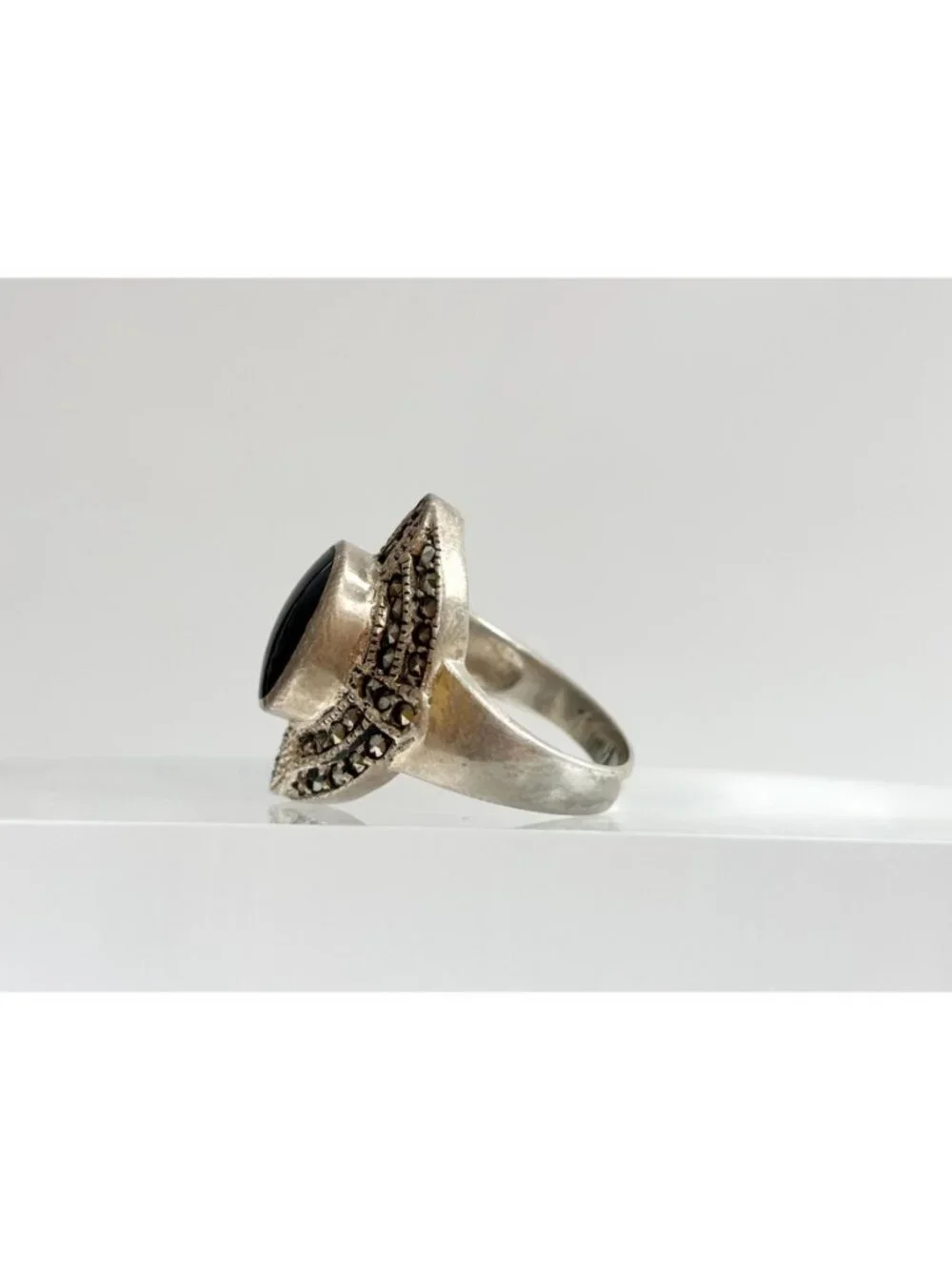 Black Onyx Marcasite Framed Art Deco Sterling Silver 925 Vintage Ring - sz 7.75